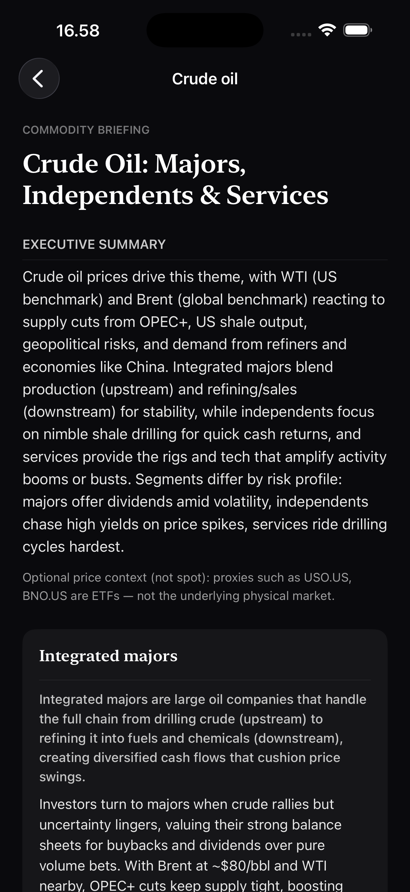 StockRead commodity briefing for Crude Oil showing segment analysis and stock ideas