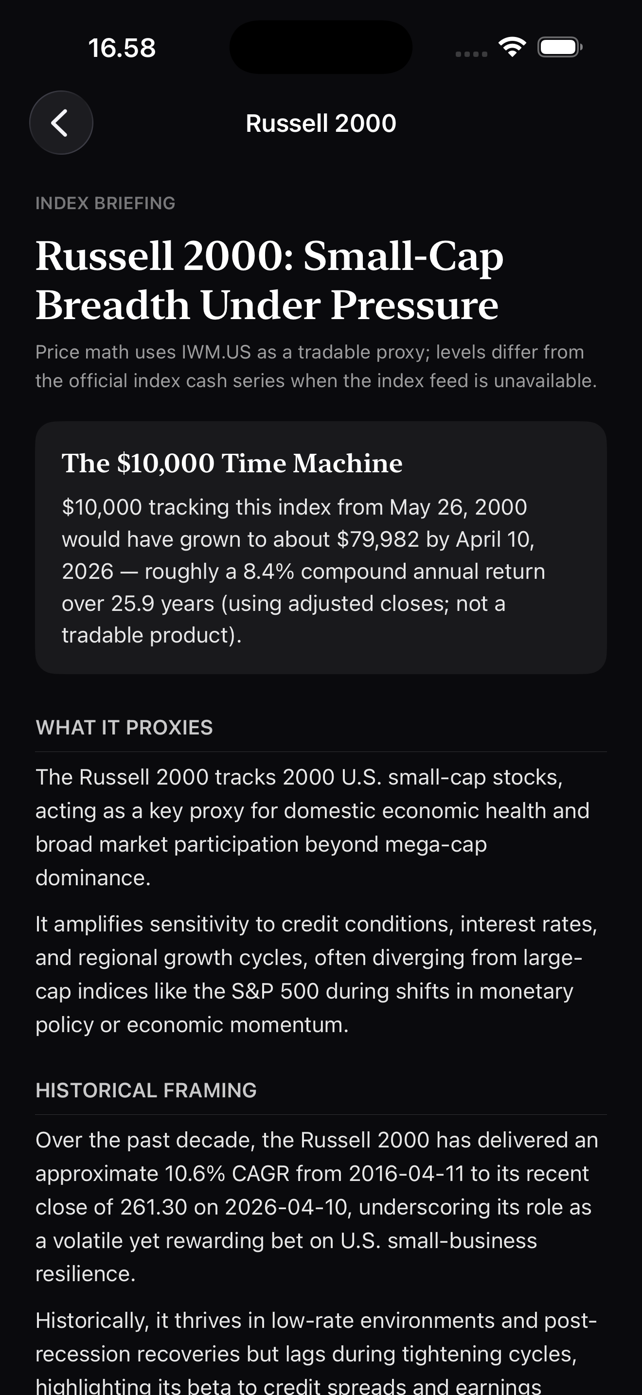 StockRead index briefing for Russell 2000 showing market proxy analysis and historical framing